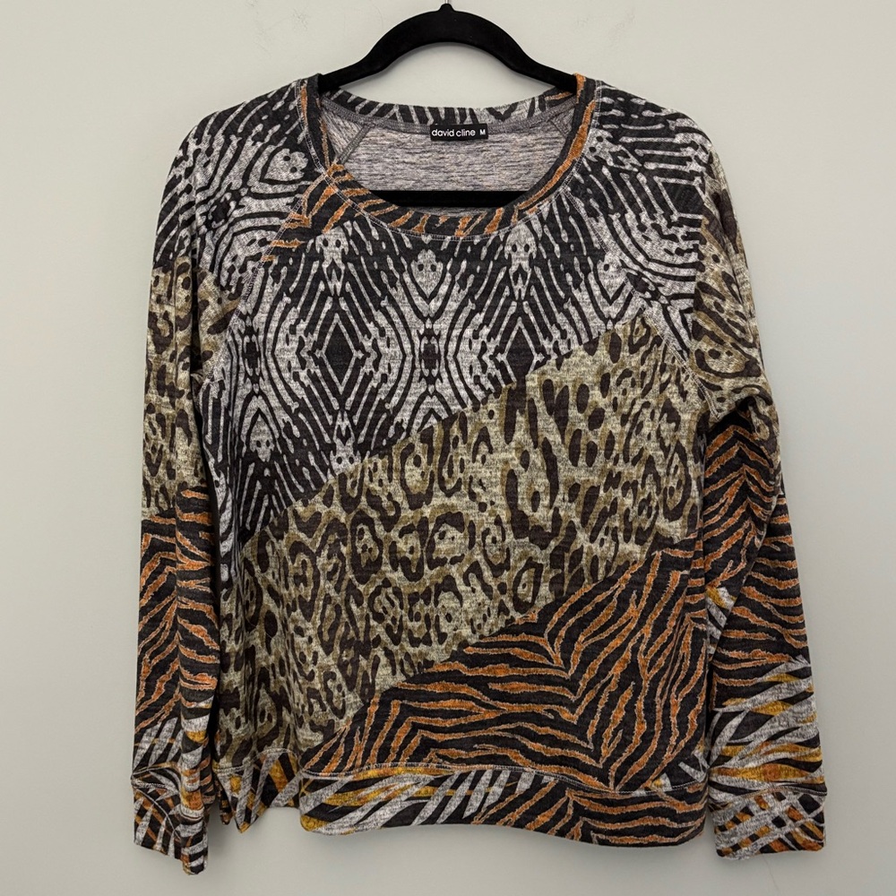 David Cline Multicolor Animal Print Knit Top Sweater Size M